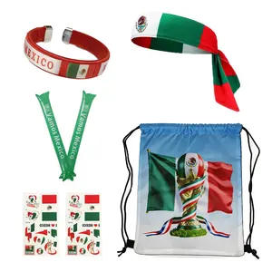 Mexico Soccer Fan Gear Set, 7-Piece Drawstring Backpack Decoration Set with Drawstring Bag, Flag Headband, Bracelet, Stickers, Thunder Sticks for for Soccer Games, Viewing Parties & 4th of July