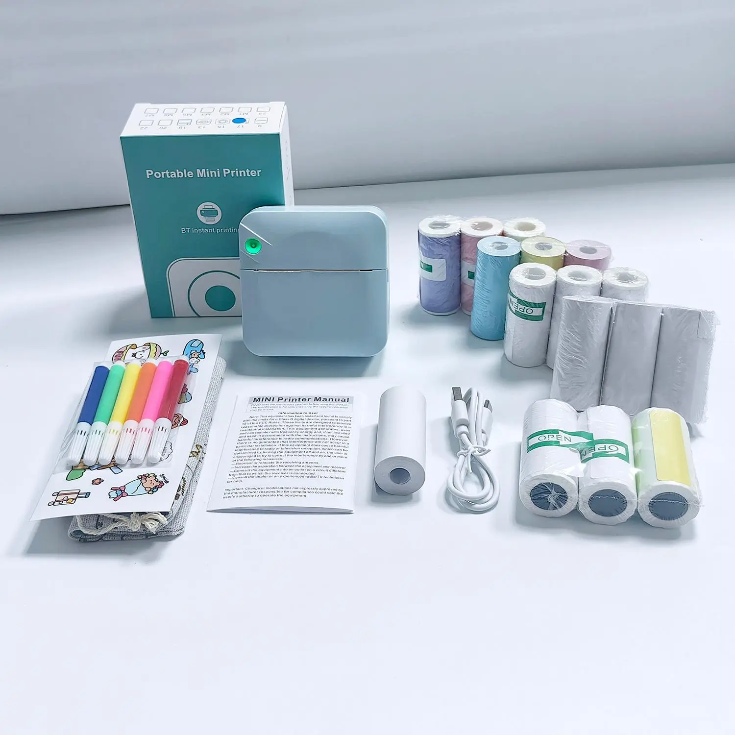 Portable Mini Printer, 1 Set USB Rechargeable Wireless Thermal Inkless Label Printer with Print Paper, Portable Photo Printer for Home Office School