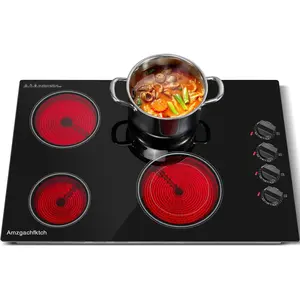 Electric Cooktop 30 Inch - 4 Burners Built-in Ceramic Cooktop, 30" Radiant Electric Stove Top with Knob Control, Hot Surface Indicator, 6700W, 220-240V Hard Wire(No Plug) SK001-304BE