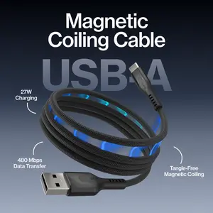 STATIK MagStack USB-A to USB-C or Lightning: Magnetic Tangle-Free Coiling Cable | 480Mbps Data Transfer | Braided Nylon | Fully Magnetic | Phones, Tablets & Laptops