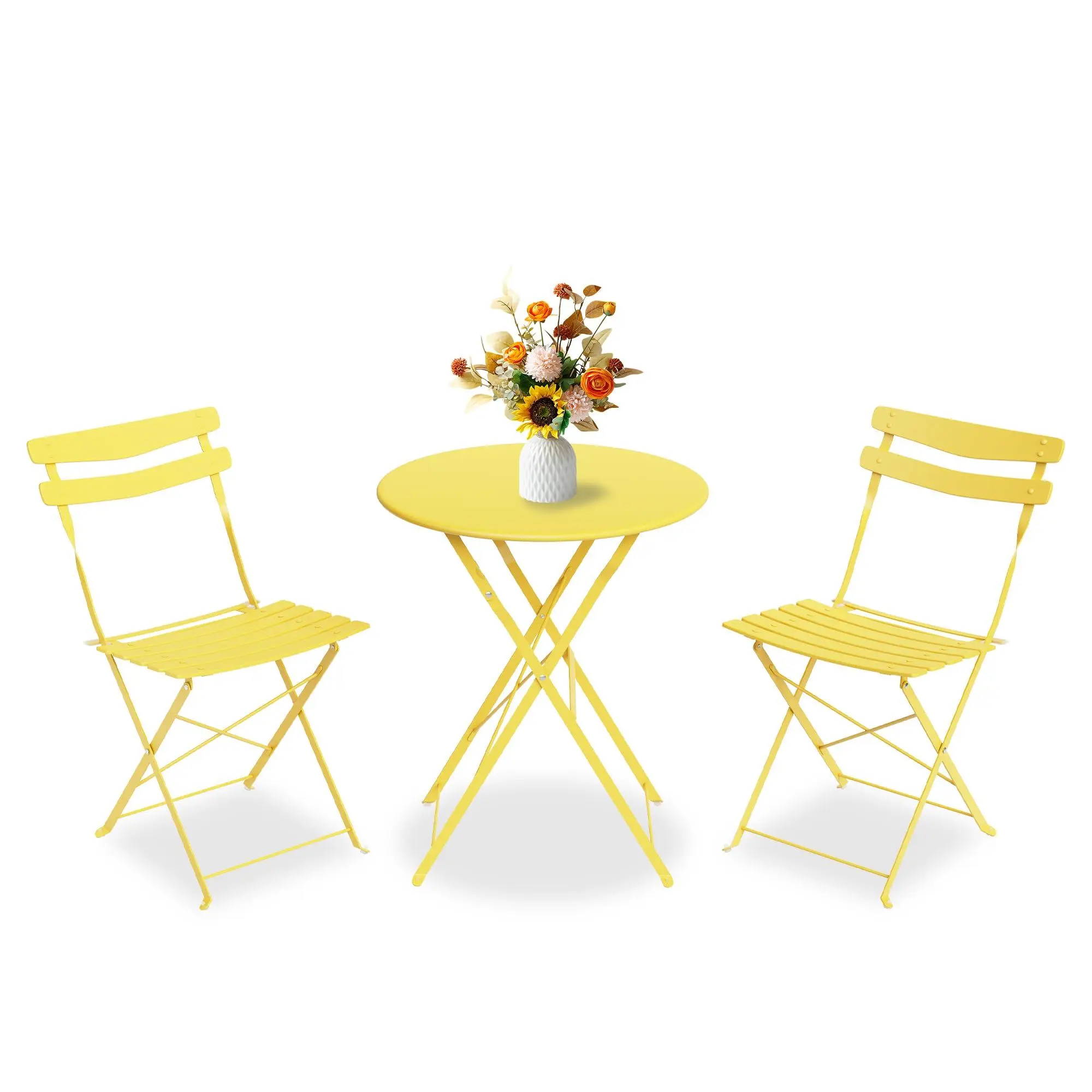 GARVEE 3-Piece Patio Furniture Sets - Space-Saving Collapsible Metal Frame Round Table & 2 Chairs, No Assembly Compact Indoor/Outdoor Furniture for Balcony, Garden