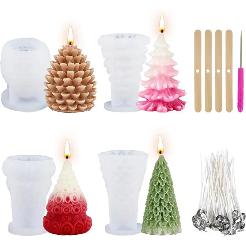 4PCS Christmas Silicone Molds Christmas Tree Pine Cone Silicone Mold for Candle Making, DIY Xmas Handmade Candle Making