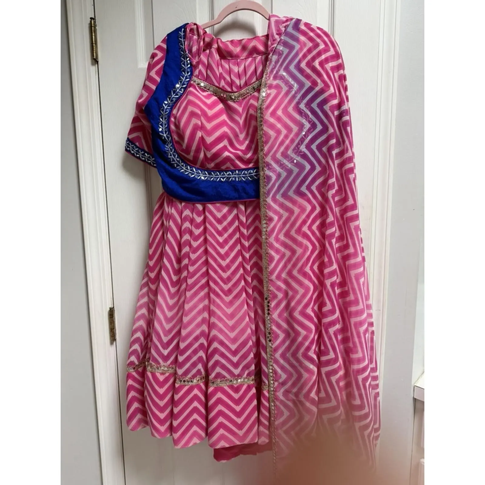 Chaniya Choli 40-44 Size Length 38 Flair 10-12 Meters Pink Chevron Design with Blue Accents