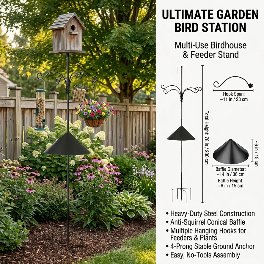 Wild Bird Attractor Feeder Pole – Squirrel-Resistant, Height-Adjustable 92-Inch Outdoor Bird Feeder with Heavy-Duty Metal Trays & Multi-Shepherd Hooks