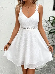 DRESSLILY Women's White Sleeveless Vintage Spring Casual Dress - V-Neck Strappy Style with Wave Embroidery and Crochet Lace Trim