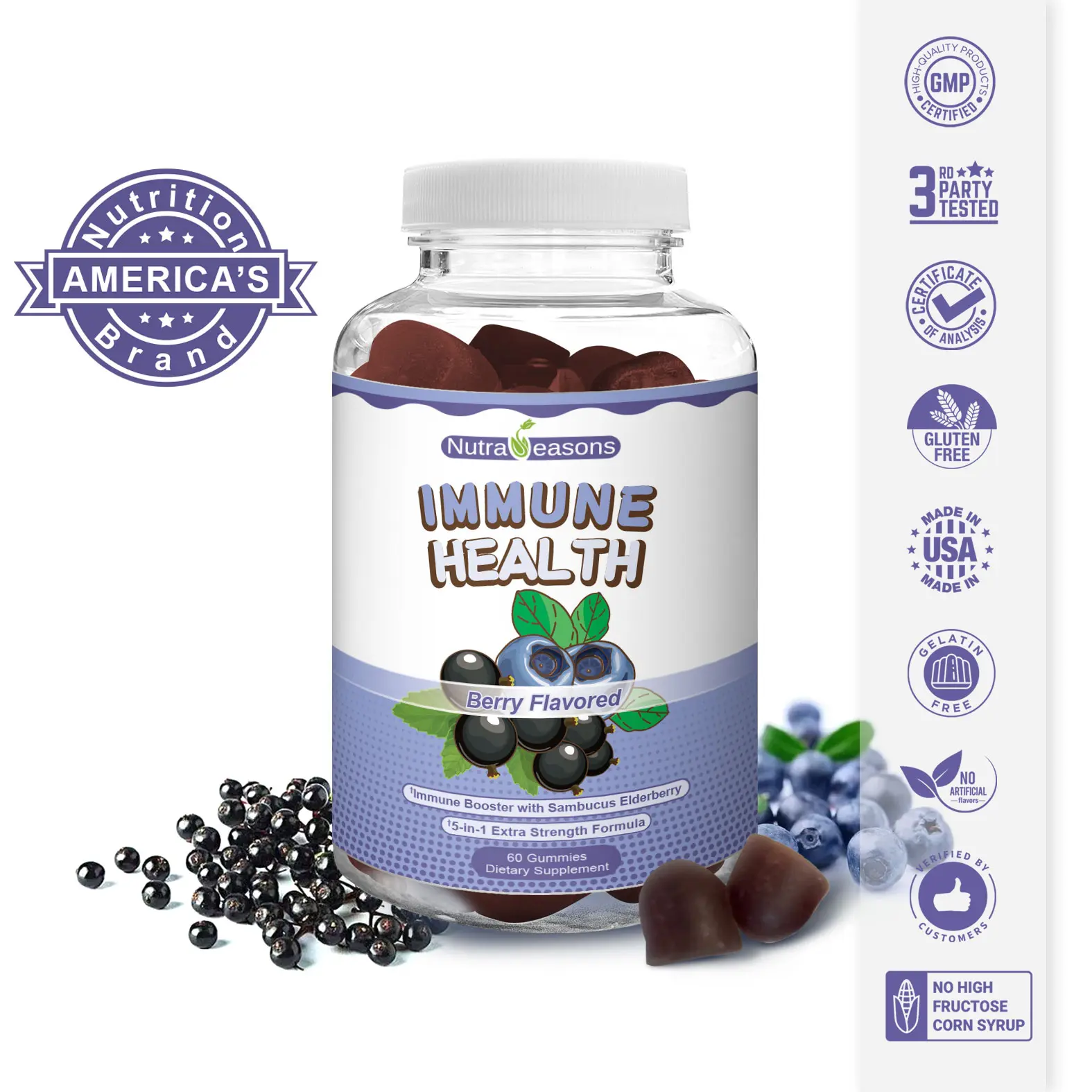 Nutra Seasons -Sambucus Elderberrylmmune Cummies, with Vitamin C, D3,E, Zinc,Gluten-Free, Gelatin-Free,Healthcare Supplement, Dietary, 60 Cummies