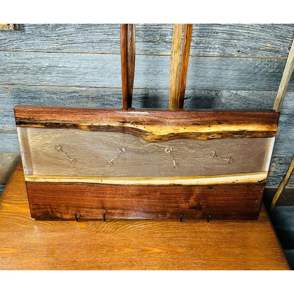 Handcrafted Black Walnut Charcuterie Board with Bronze Resin & Gold Bridle Bit Inlay: Equestrian Elegance Meets Culinary Artistry