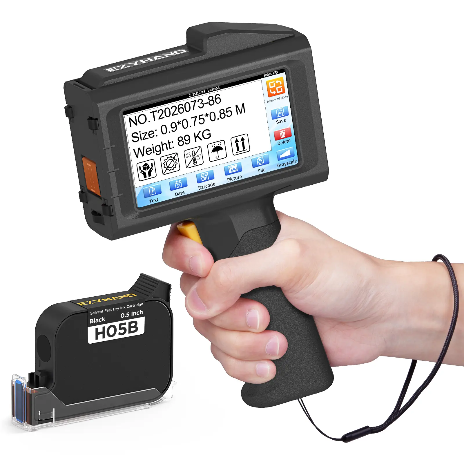 Handheld Inkjet Printer - Industrial Warehouse Batch Coding Printer, 0.5in Print Height, 390g Lightweight, 42ml 1 Black Fast-Dry Ink, Touch Screen, USB Support, Batteries Included, for Date/Lot Number Printing on Food Packaging, Plastic, Glass, Aluminum