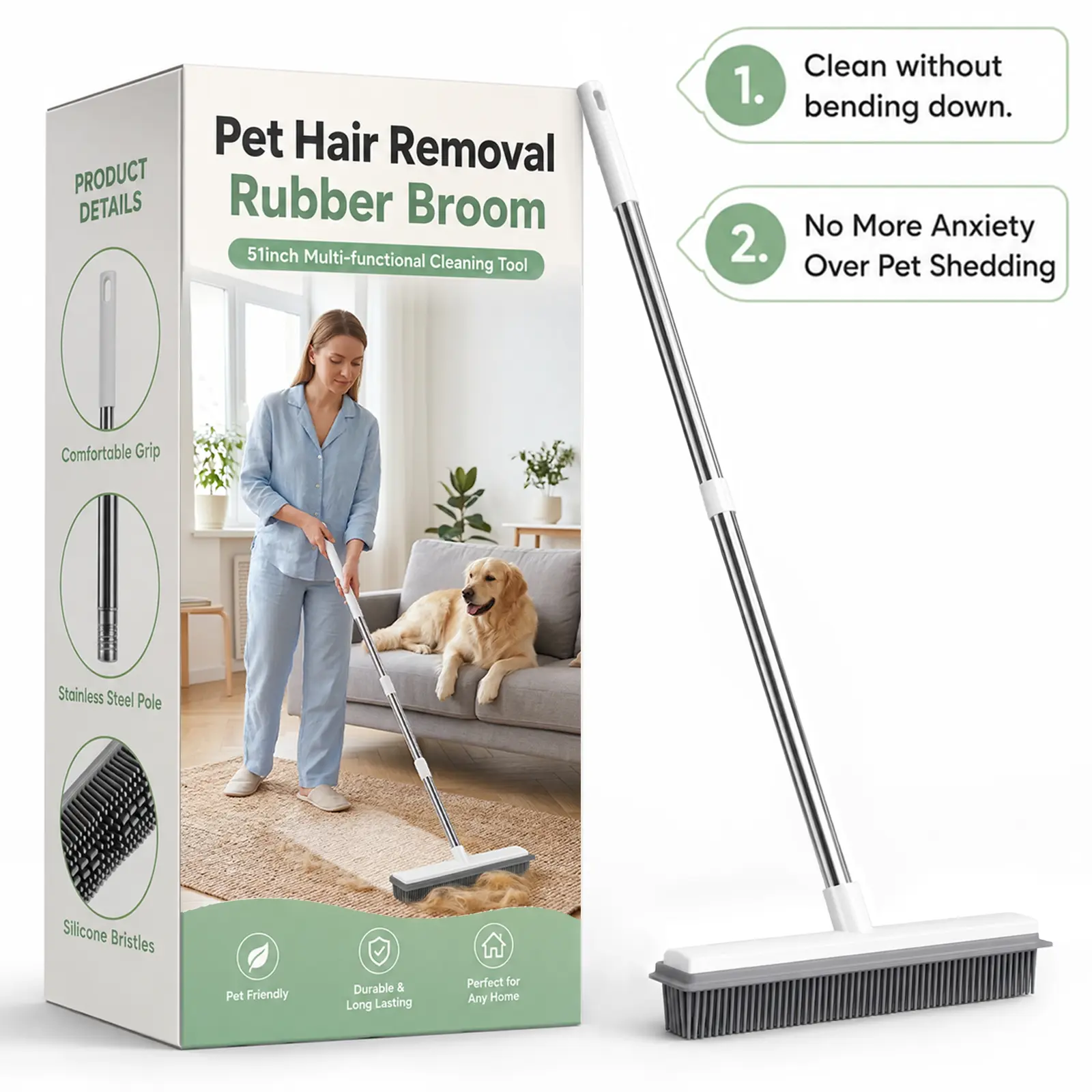 Pet Hair Removal Broom Rubber Broom with Stainless Steel Handle, Carpet and Floor Hair Removal Tool for Household Cleaning Supplies cleaning supplies and tools,household essentials,housekeeping cleaning supplies summerwins Sheddingblade