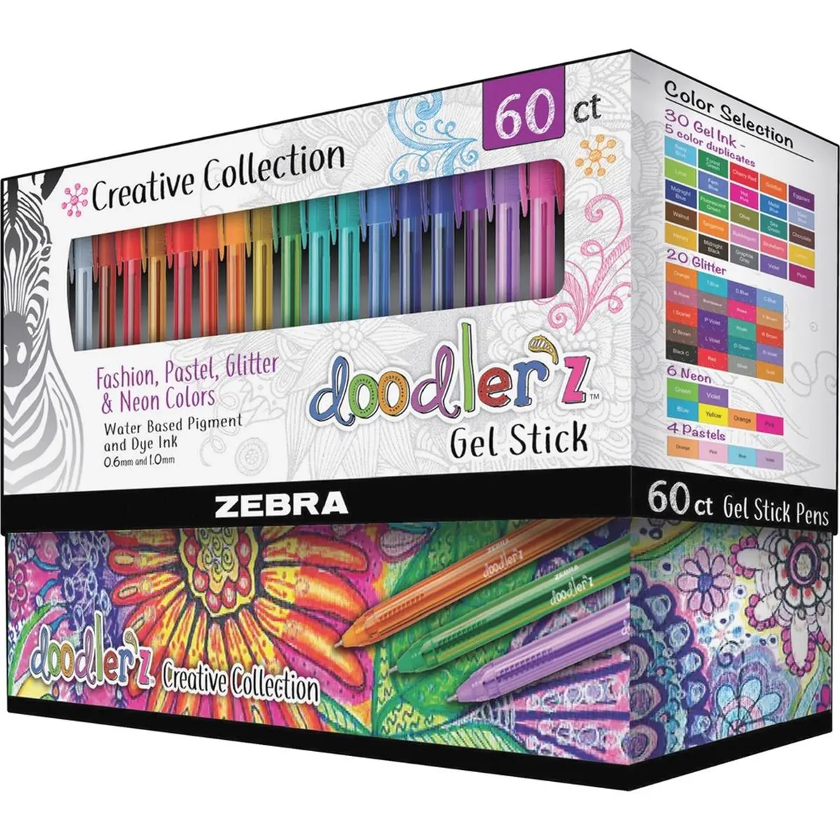 Zebra Pen Doodlerz 1.0 mm Gel Stick Pens, Assorted Colors, Enhanced Functionality Office & DIY Woodwork Supply - Pack of 60 for Adding Value & Easing Workplace, Gel Pens