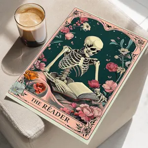 Skeleton Reading a Book Floral Botanical Pink Art Poster Print, The Reader Tarot Card Whimsigoth Wall Decor, Botanical Art Print