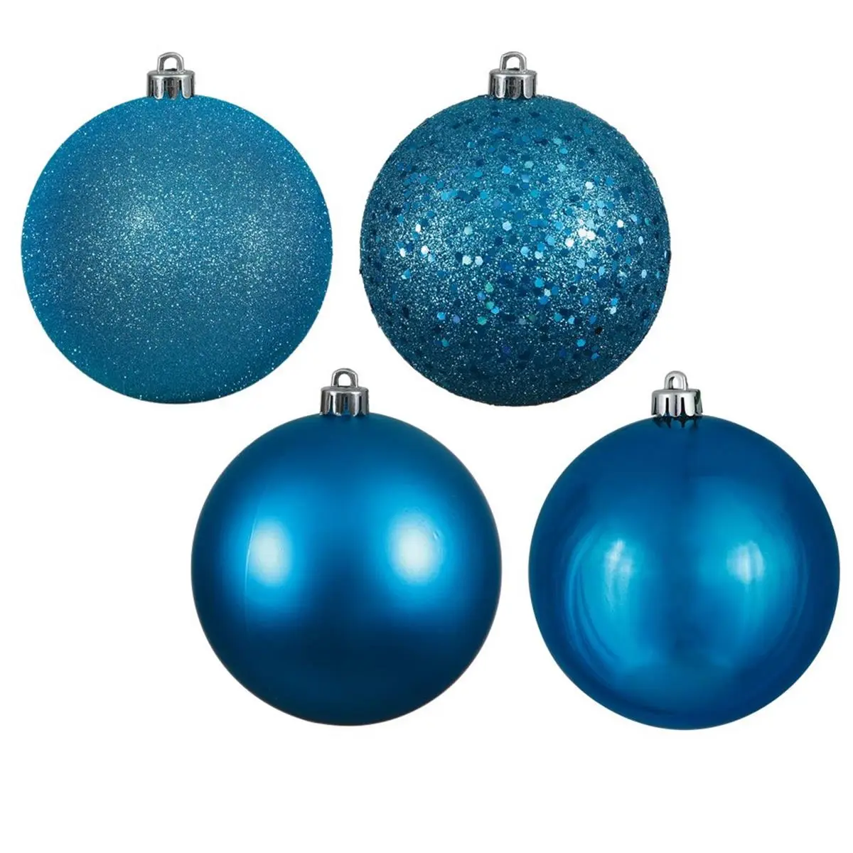 Vickerman Round Solid Plastic Turquoise Christmas Ball Ornaments - 6 inches, 4-Finish Designs, 4-Piece Box Pack, Indoor Home & Party Festive Decoration Supplies