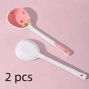 2pcs Ceramic Strawberry Soup Spoon, Cute Korean Ice Cream Dessert Long Handle Spoon, Hand-Painted Design, Reusable, Suitable for Home, Café