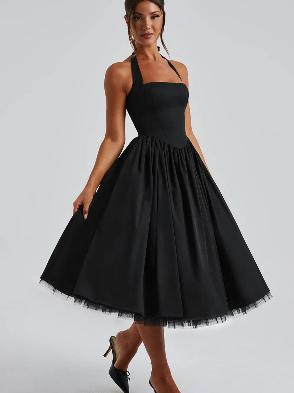 Women's Hepburn Style Retro Womenswear Dress, Halter Square Neck, High Waist, Flared Swing Skirt with Tulle Hem, for Cocktail Evening Prom Parties