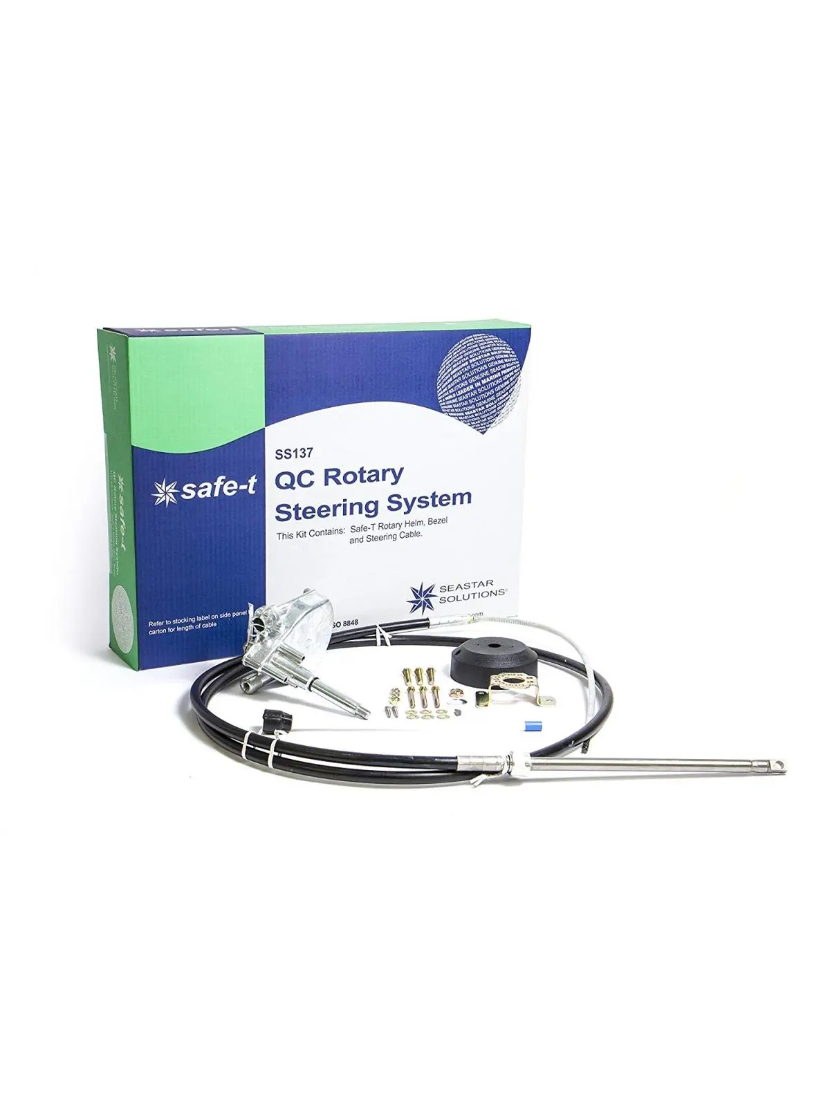 Sierra International Safe-T QC Steering System - 18 ft, Stainless Steel Ends for Outboards, Quick-Response 3-Turn Lock-to-Lock, 5.5" h x 20" w x 27" l, SSC62 QC Steering Cable, Teleflex Helms, Mounting Hardware, Quick-Response 3 Turns Lock-To-Lock