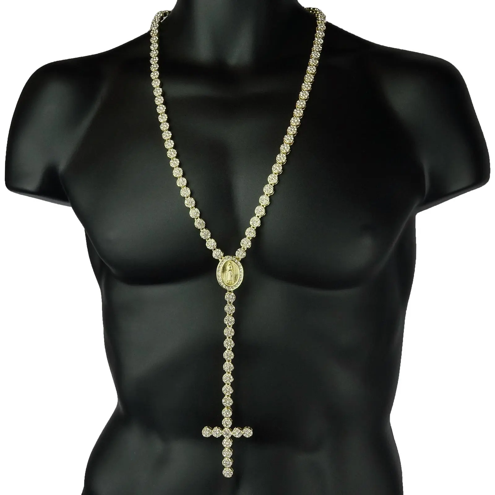 14K Gold Plated Cubic Zirconia Rosary Flower Pendant & Guadalupe Cross Chain Trendy Faith Jewelry