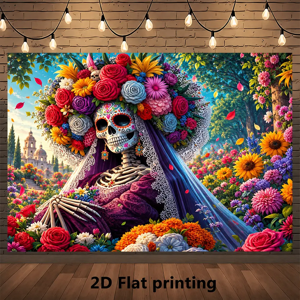 Mexican Folk Art Inspired Sugar Skull Woman Backdrop with Colorful Roses, Pumpkins, Moonlight - Festive Party Banner, Lightweight Wall & Window Decor for Autumn Photo Area