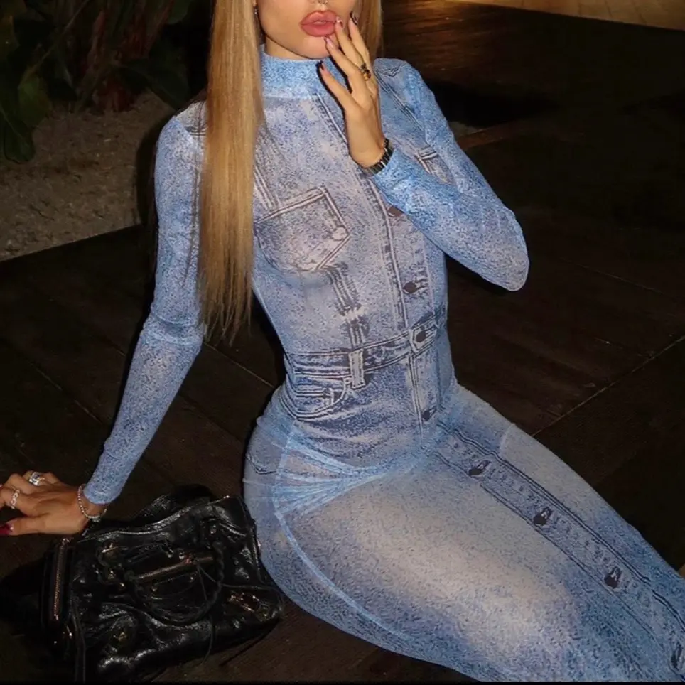 chinese dress ladies Blue Denim Print High Neck Bodycon Maxi Dress