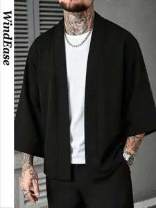 Men's Breathable Lightweight Kimono-Style Open Front Jacket, Solid Color Sleeveless Zen Cardigan, Casual Streetwear for Summer