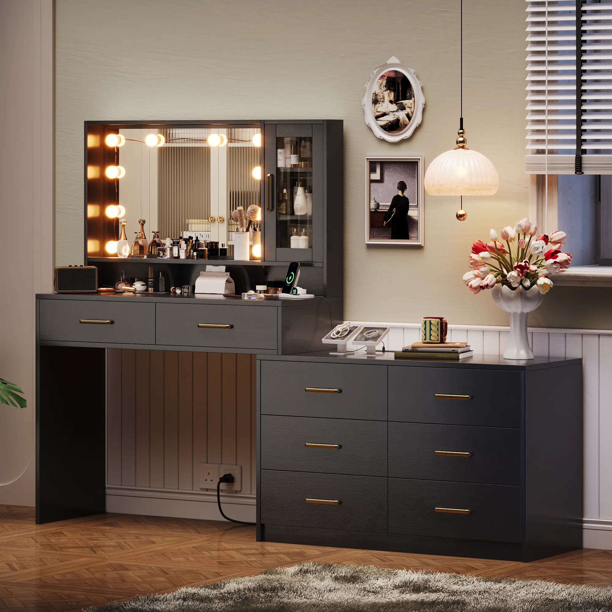 TOKSOM Large Vanity Desk with 3 Color Touch Screen Dimming Mirror,Vanity Desk with Charging Station,Modern Retractable Makeup Dressing Table,Vanity Table With storage shelves and 8 Sliding Drawers,White,Black,dorm essentials,home decor