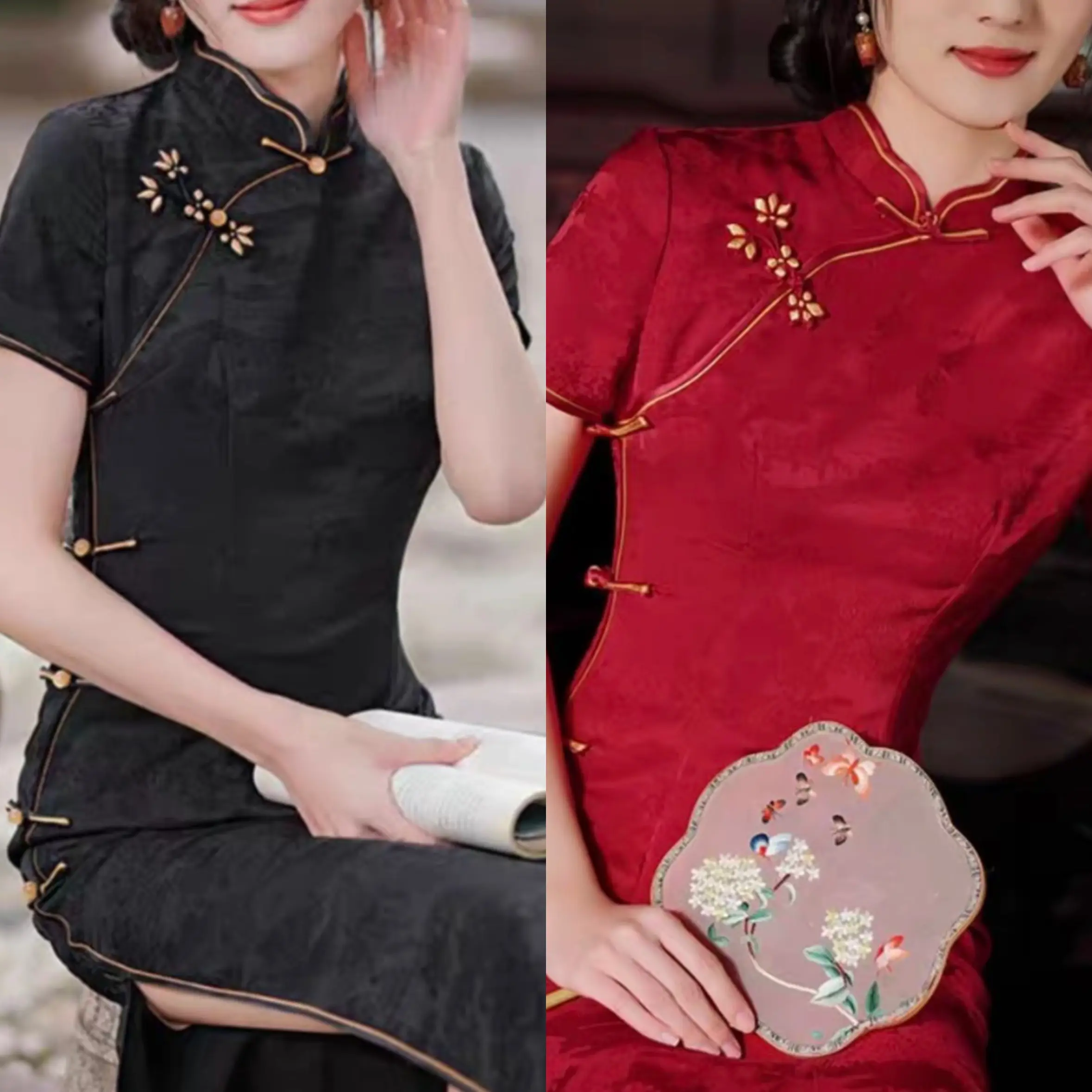 Limited Edition Red And Black Cheongsam | Floral Collar & Damask Pattern | Elegant Long Qipao Dress
