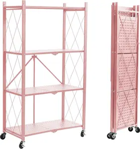 4-Tier Foldable Storage Shelves with Wheels, Folding Metal Rack Shelving Unit, Heavy Duty No Assembly Organizer Shelf for Garage, Kitchen, Basement, Pantry, Pink