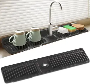 24 Inch Silicone Faucet Mat For Kitchen Sink, 5° Slope Fast Self-Draining Splash Guard, Longer Non-Slip Sink Protector, Easy Clean Kitchen Accessories, Home Organization & Countertop Protector