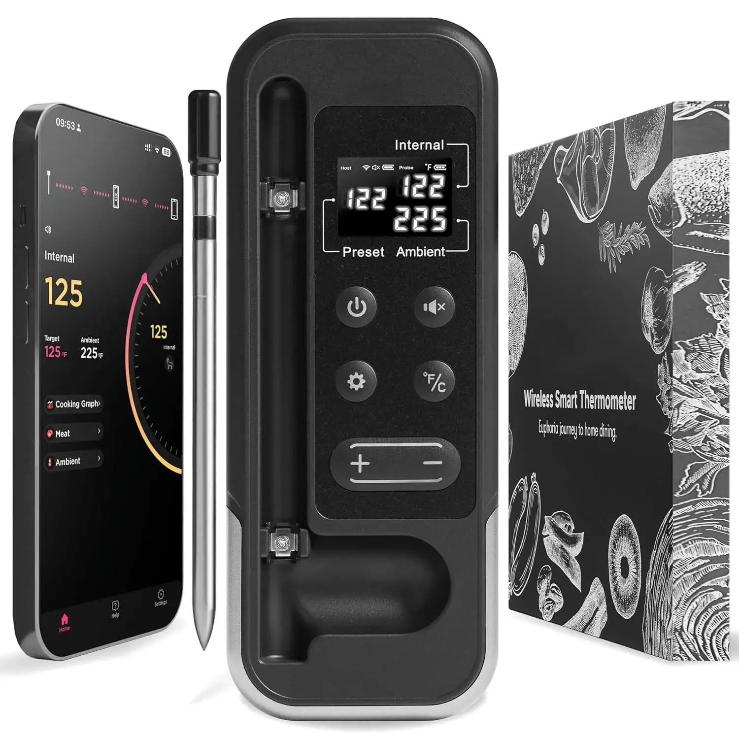 Smart Wireless Meat Thermometer, Long-range Bluetooth-compatible Digital Instant-read Food Thermometer for Kitchen Cooking and Grilling