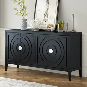 Retro Country Style 4-Door Sideboard MDF Oak Veneer Rubber & Acacia Solid Wood Frame Distressed Finish Round Metal Handles 3-Level Adjustable Shelves 365LBS Tabletop Capacity Easy Assembly for Entryway Kitchen Living Room