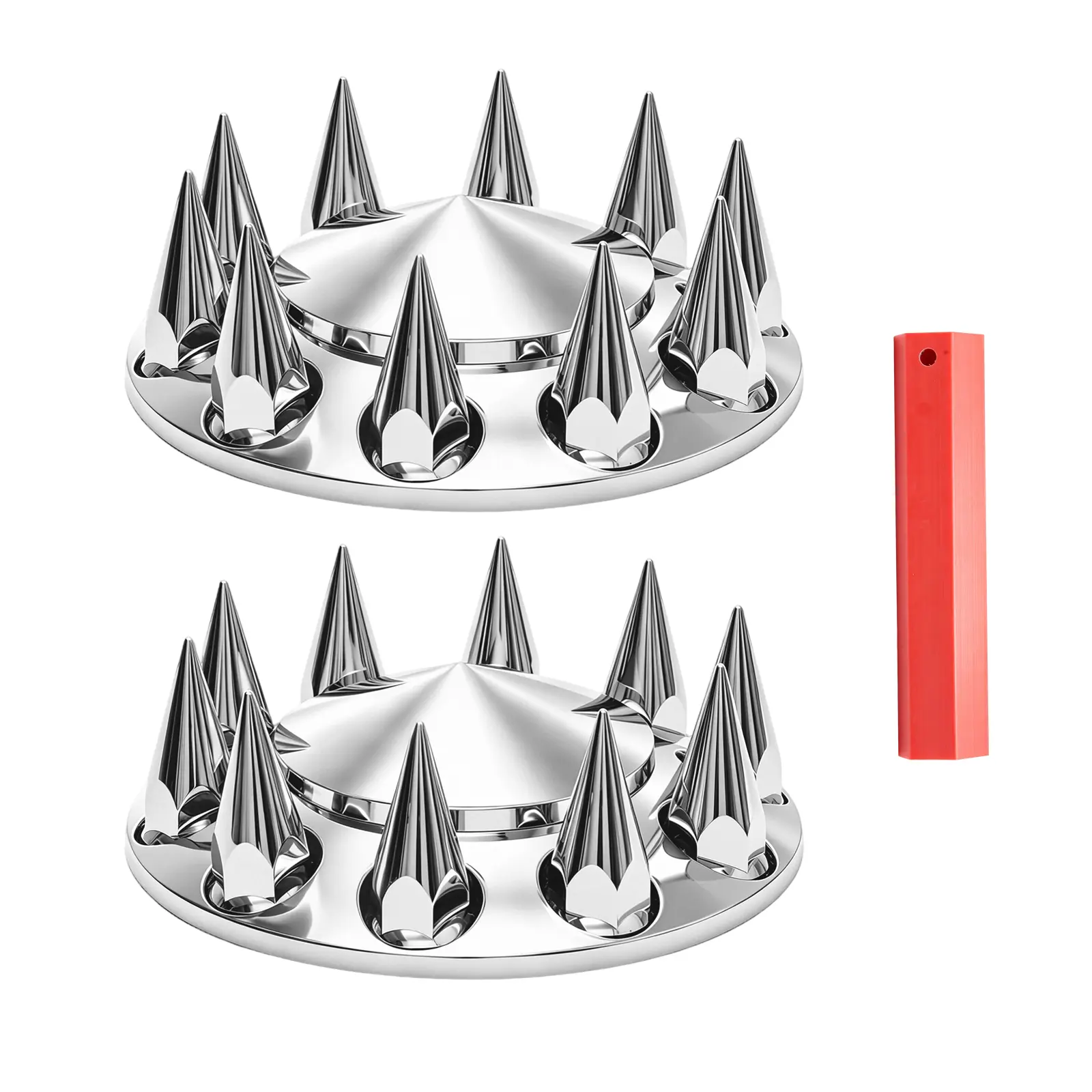 High Impact ABS Bright Chrome Plastic Front Axle Lug Nut Covers - 2 Pcs 33mm Thread-On for Fast Install, Spike Chrome Front Semi Wheel Covers, Bright Chrome Finish