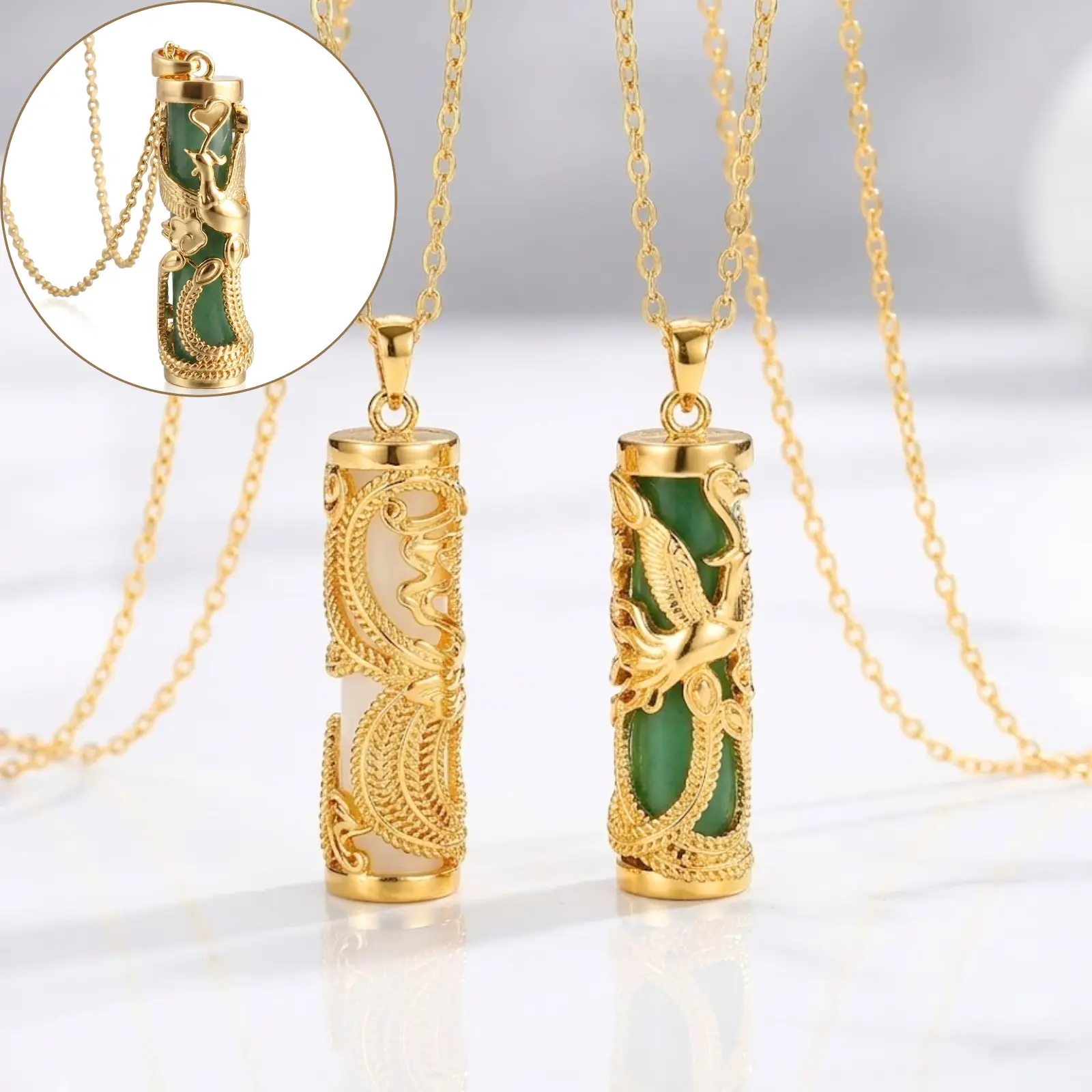 Set of 1/2 Phoenix necklaces, 18k gold plated, with cylindrical jade pendants, classic style jewelry.
