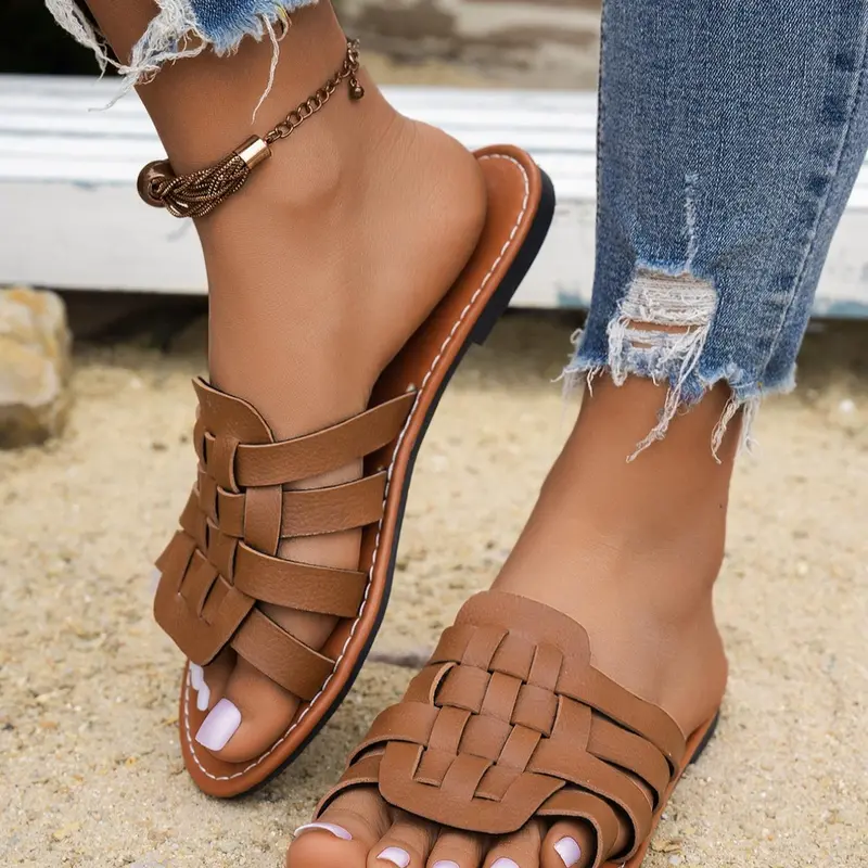 Women's Fashionable Checked Pattern Slides, Casual Comfortable Flat Sandals for Summer, Lightweight Slippers for Beach, Walking Shoes, Slides Shoes Flats