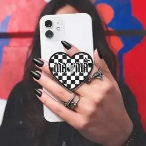 Goth Mama Phone Grip, Elder Emo Mama Checkerboard Heart MagSafe Grip, Alternative Mom Kindle & Phone Grip, Dark Aesthetic Mama Kindle Grip, sticky phone grip magnetic mount, Compact Holder Stand