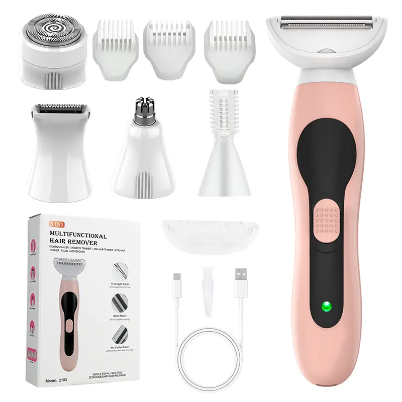 Waterproof 5-in-1 Cordless Grooming Kit for Women, USB Rechargeable with Interchangeable Heads for Full Body Grooming & Facial Cleansing, Beauty Products