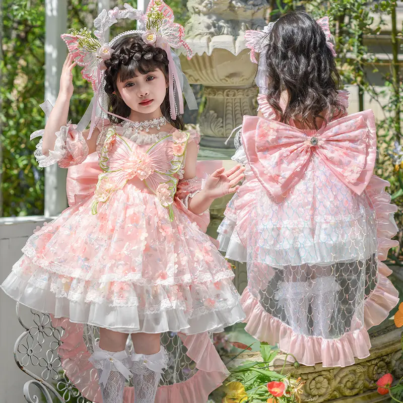 Girls' Floral Lolita Princess Dress, Cotton & Tulle Tiered Skirt with Big Back Bow, Toddler Birthday Party Outfit for Photoshoots 1-6Y, Little Girl Dress, Lovely Bow Dress Toddler Summer Dresses