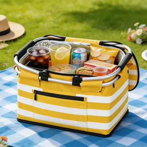 Insulated Picnic Basket,Leak-Proof Collapsible Cooler Bag,26L Grocery Basket with Lid,2 Sturdy Handles,Storage Basket for Picnic,Food Delivery,Take Outs,Market Shopping,Travel (Yellow)