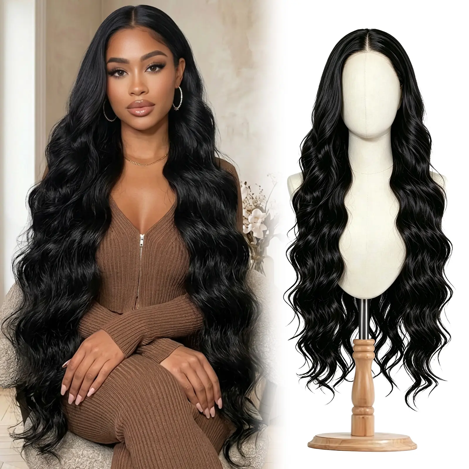 Glueless HD Transparent Lace Frontal Wig 180% Density, Natural Pre-Plucked Long Body Wave Synthetic Wigs for Black Women, Heat Safe (18-36")