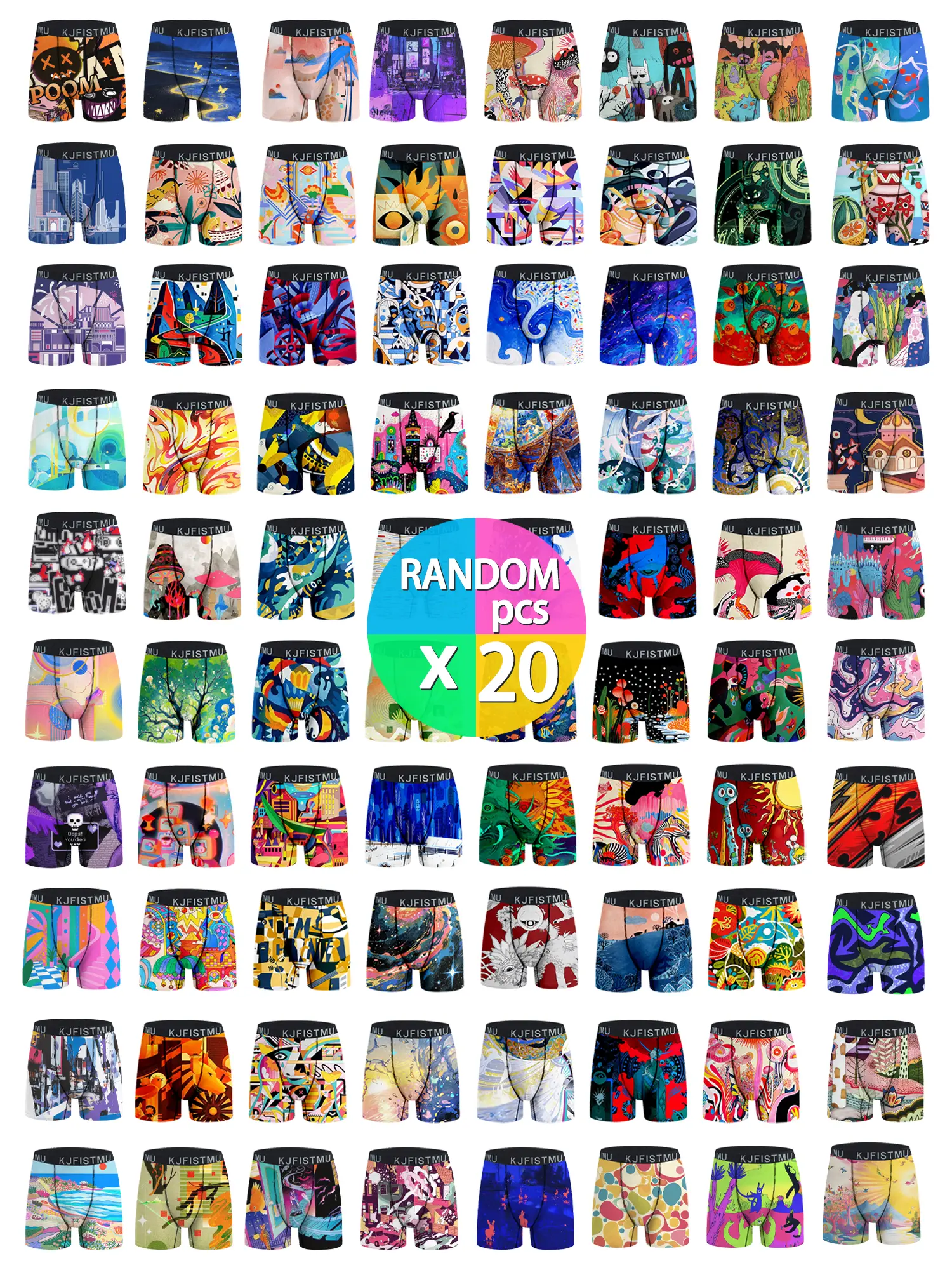 20-Pack Random KJFISTMU Mixed Set Men's Boxer Briefs Geometric, Street, Sports, Anime Soft Comfort Mid-Rise Breathable Say goodbye to pattern selection headaches.