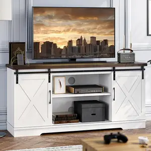 Gaomon Farmhouse TV Stand - 65-Inch Entertainment Center, White Barn Door Media Console with Modern Design, Storage & Shelves, Criss Cross Aesthetic Furniture for Living Room, Tv Shelf, Tv Cabinet Table