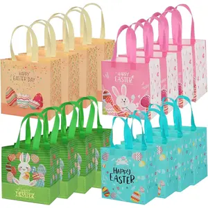 16 Pack Easter Gift Bags Bulk Reusable Party Bags with Handles, Colorful Egg Hunt Baskets for Kids, Bunny Treat Bag, Durable Easter Favor Basket for Candy & Gifts BY
