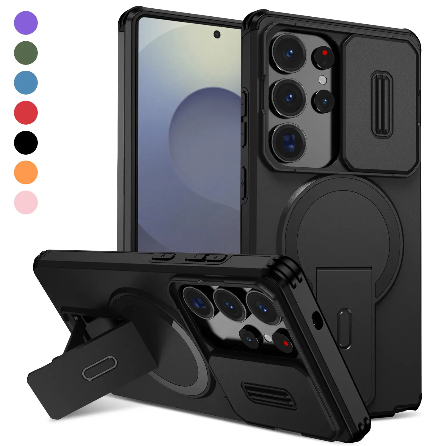 Magnetic Phone Case Compatible with Samsung Galaxy S26 Ultra S25 S24 S23 with Kickstand, Slide Camera Cover, Compatible with MagSafe Wireless Charging Accessory, Shockproof Scratch Resistant Rugged Hard Cover