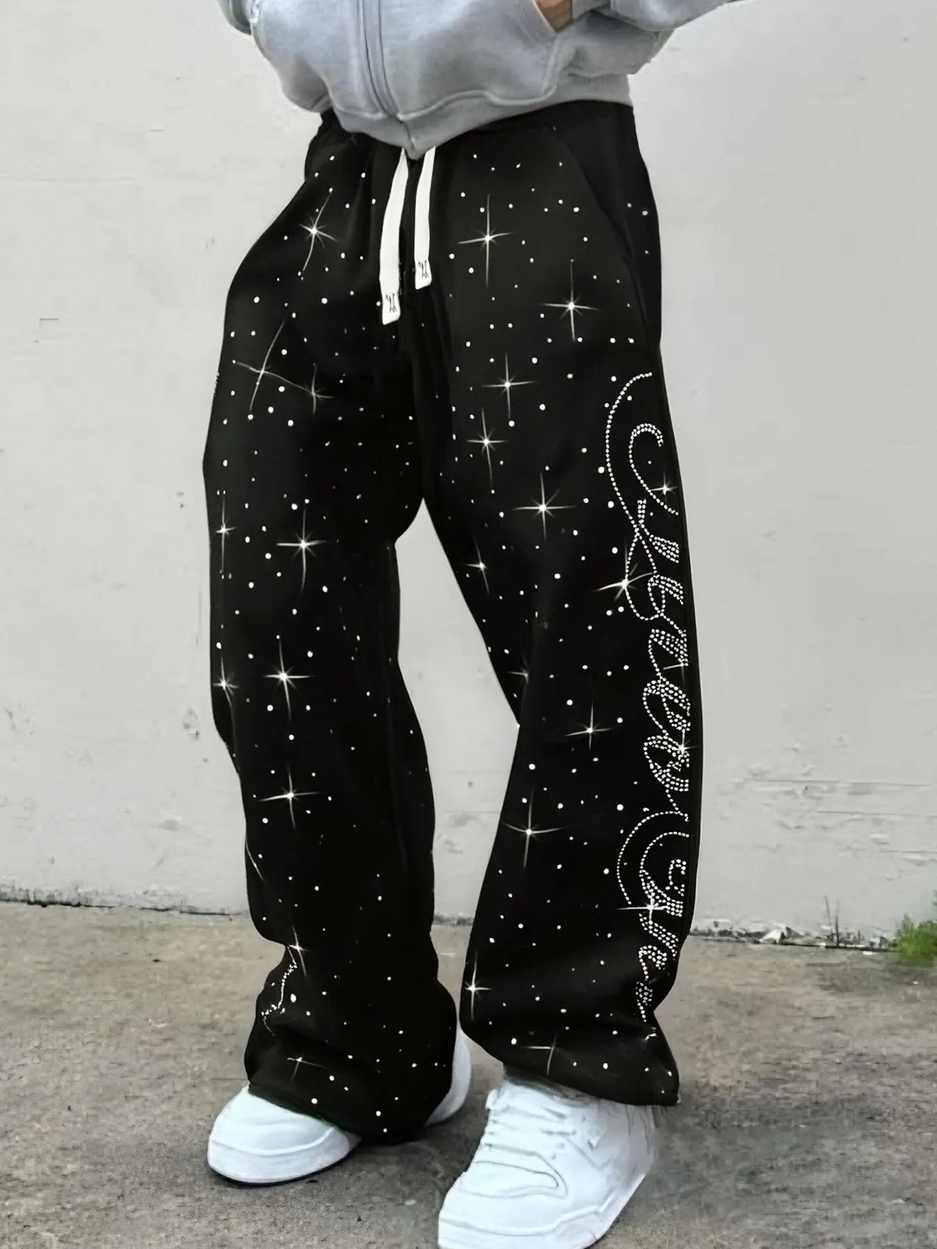 Men's American Style Autumn Sweatpants, Starry Sky Graphic Rhinestone Fitted Pants, Fashionable Washed Straight Leg Streetwear Joggers, Casual Pants, Casual Streetwear Trousers