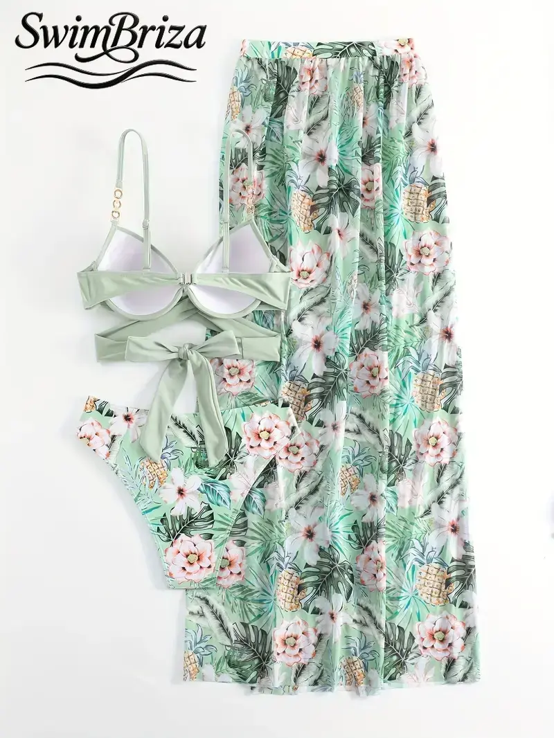 Briza｜Underwire Push Up Bikini In Mint Tropical Floral Print Creates High Waisted Bikini Sets As A Two-Piece Swimsuit With Swimsuit Cover Up For Women, Swim Sets For Women And Bathing Suit Women Set For Vacation Swimwear For Women