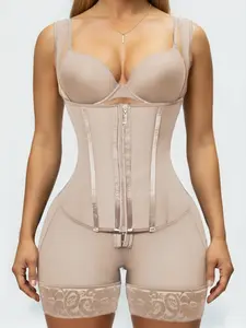  Women's Contrast Lace Zipper Shapewear Romper Highwaist Girdle Tummy Control Butt Lifting Shaper High Stretch Bodysuit for Daily Wear Basic Black Minimalist Strap Strappy