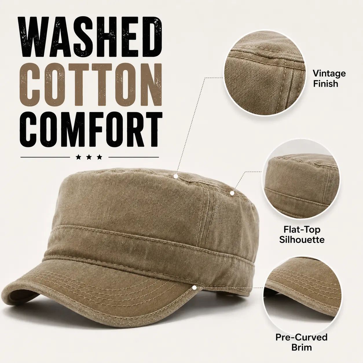 Unisex Vintage Washed Cadet Cap, Adjustable Cotton Military Style Flat Top Hat for Men Women, Casual Outdoor Sun Hat