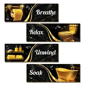 4pcs Black and Golden Wooden Wall Art Set - Abstract Bathroom Decor Sign "Breathe, Relax, Unwind" - Sparkling Toilet Wall Decoration for Home, Bathroom, Laundry Room, Living Room, and Bedroom