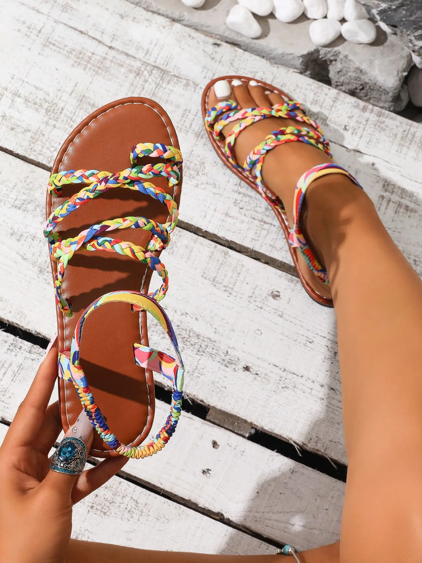 Rainbow Braided Open Toe Women's Flat Bohemian Sandals, Ethnic Style Strap Design, Comfortable Roman Slippers for Beach & Daily Wear