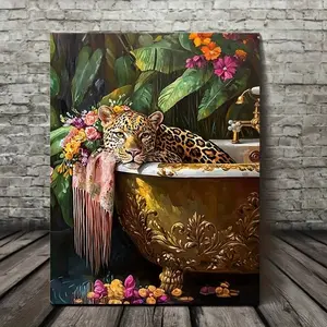 1 vintage leopard print Art piece, with a bathtub theme, high-definition canvas decorative painting 11.8* 15.7inch (30* 40cm ) with wooden frame -- modern home Decoration, can be directly hung in the living room or bedroom