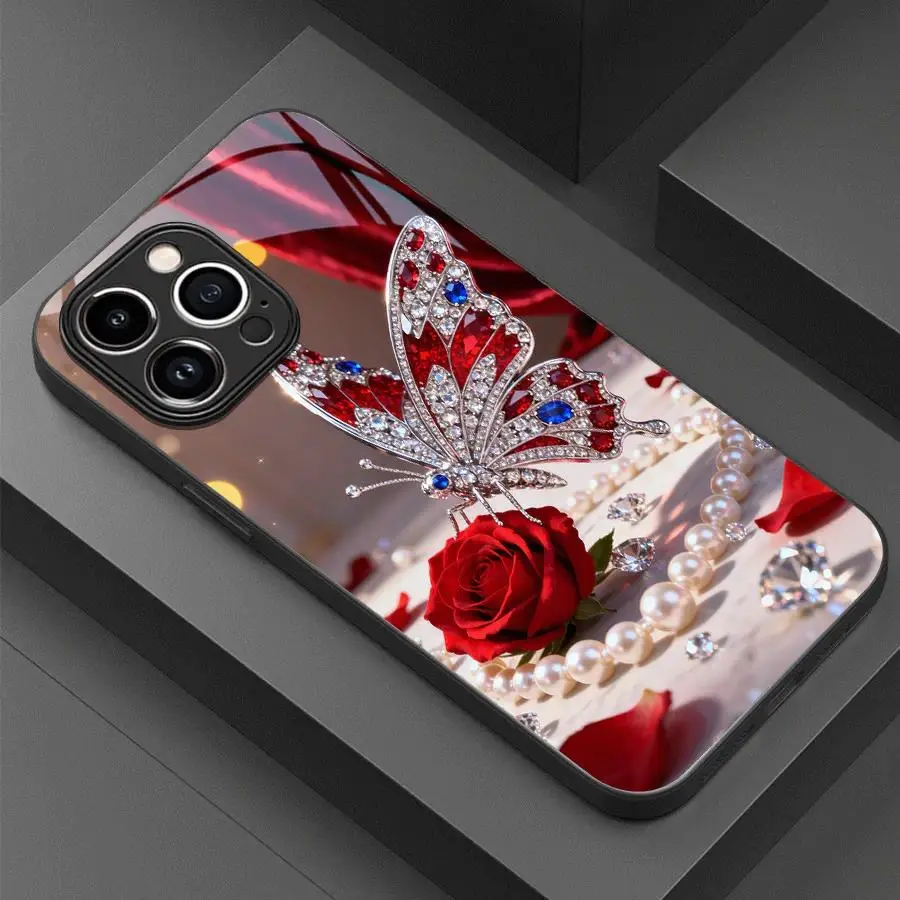 Gemstone Butterflies & Red Rose Themed TPU Smartphone Case - All-Around Protective Handheld Cellphone Casing, Unique Creative Cover for iPhone Series 17/16 Pro Max/15/14 Plus/13/12/11, summerwins Accessory
