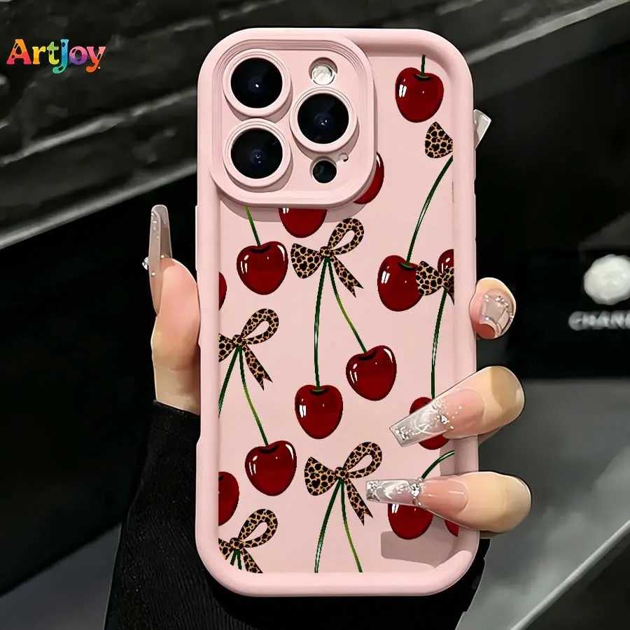 Cute Red Cherry Leopard Bow TPU Smartphone Case - Protective Casing Protector Plug-and-Play Accessory for iPhone 17 Pro Max,16,15,14,13 & Galaxy S25,S24,S23,S22,S21 PLUS/FE/Ultra,Galaxy A33 - Ideal Birthday Gift, Cellphone